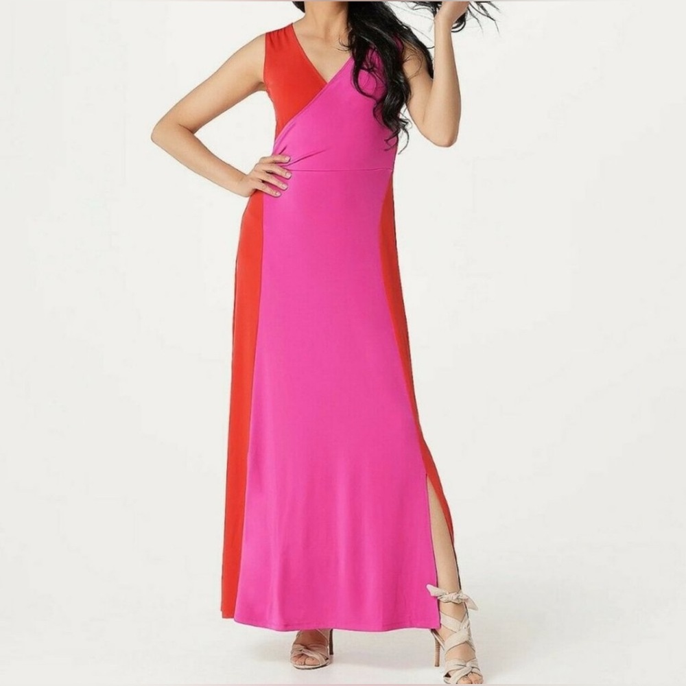 Colorblock V-Neck Maxi Dress in Hot Pink and Red